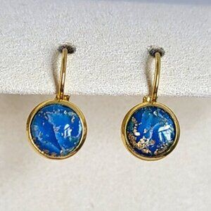 Elegant Hand Crafted Boho Blue Gold Gemstone Marble Circle Drop Dangle Earrings